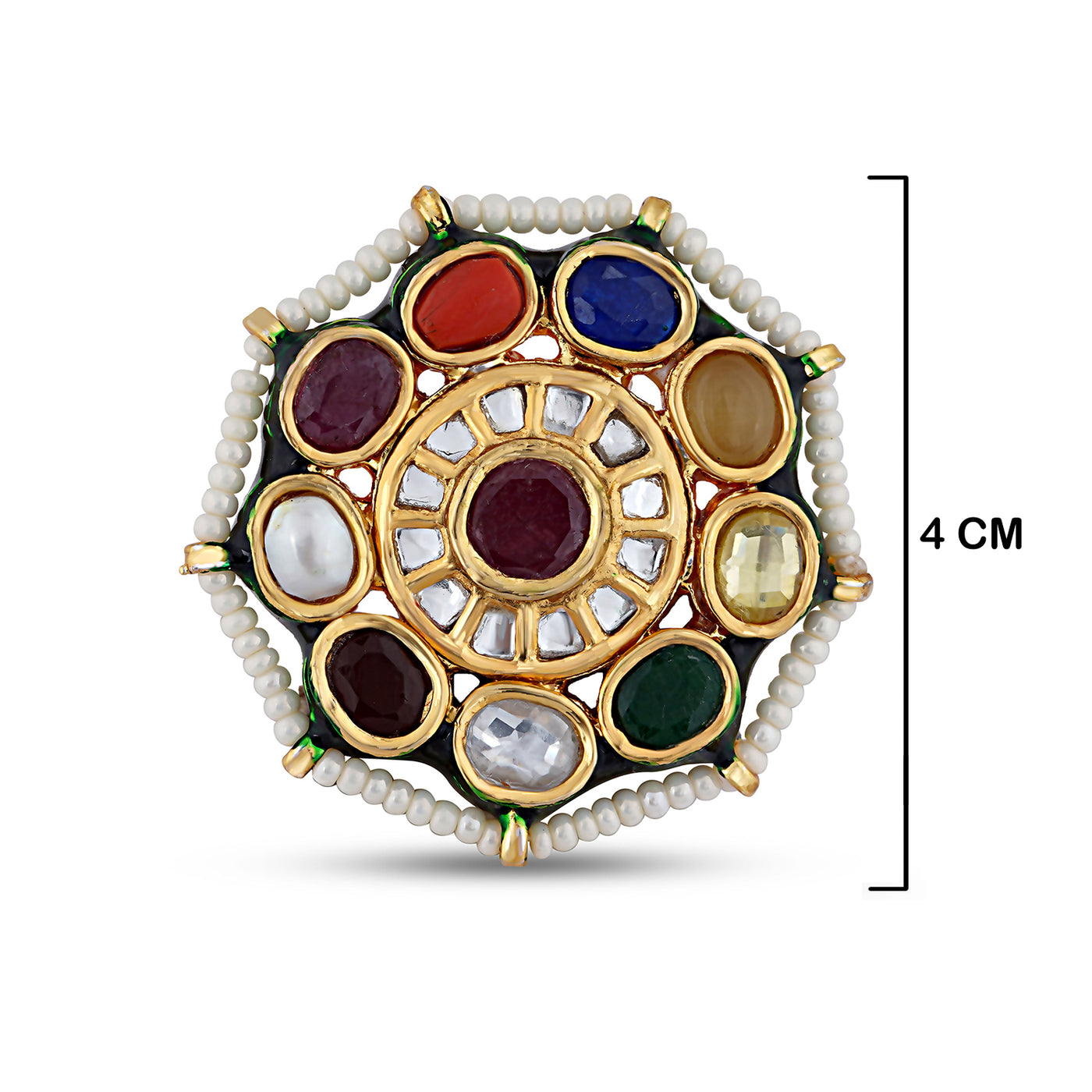 Multi Stoned Pearl Kundan ring with measurements in cm. 4cm.