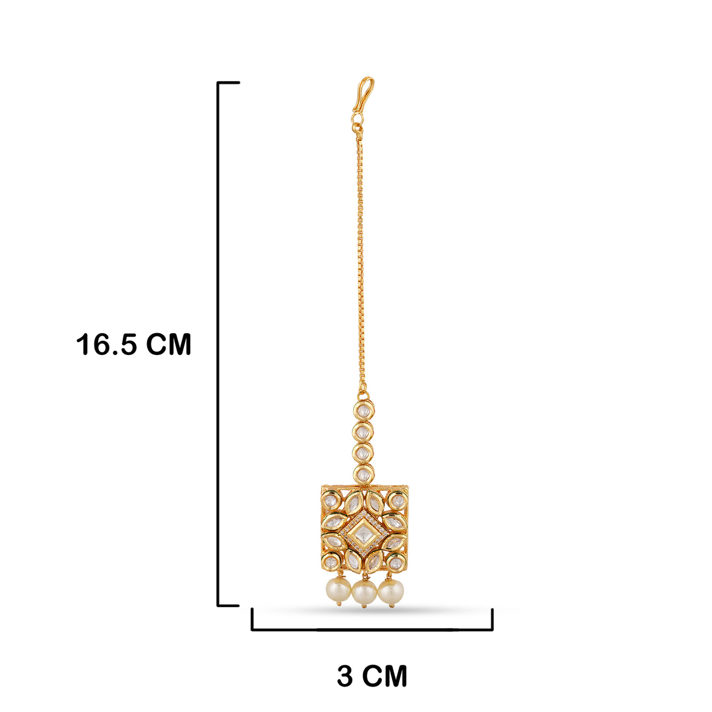 Square Shaped Pearled Kundan Maang Tikka with measurements in cm. 16.5cm by 3cm.