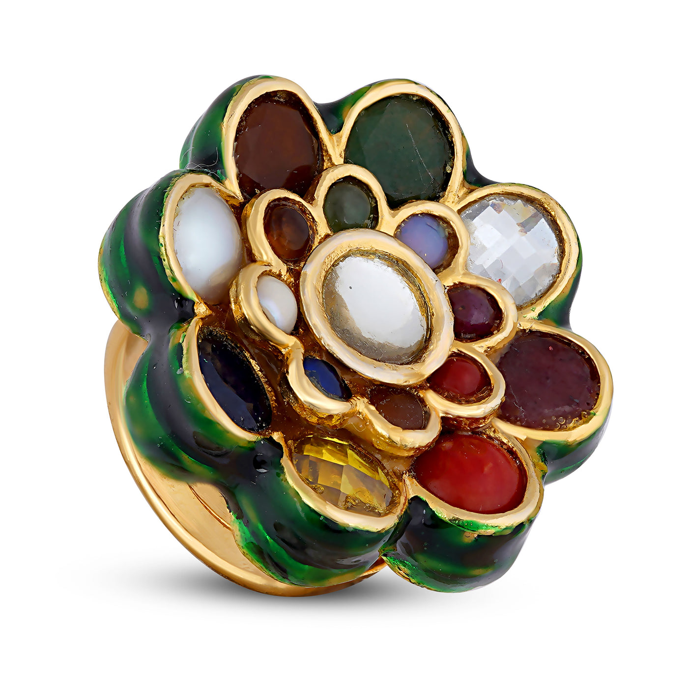 Navratna Stones Studded Flower Ring