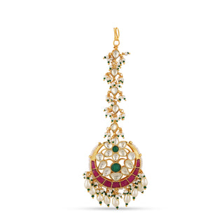 Red Kundan Bead Drop Maang Tikka 