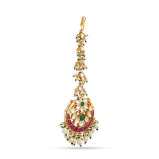 Red Kundan Bead Drop Maang Tikka 