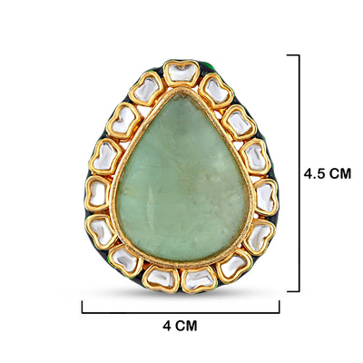 Green Centred Kundan Ring with measurements in cm. 4cm by 4.5cm.