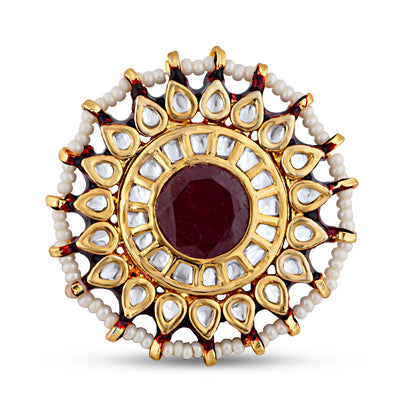  Red Centred Pearled Kundan Ring