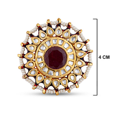  Red Centred Pearled Kundan Ring with measurements in cm. 4cm.