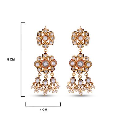 Diamond and Bead Kundan Earrings with measurements in cm. 9cm by 4cm.
