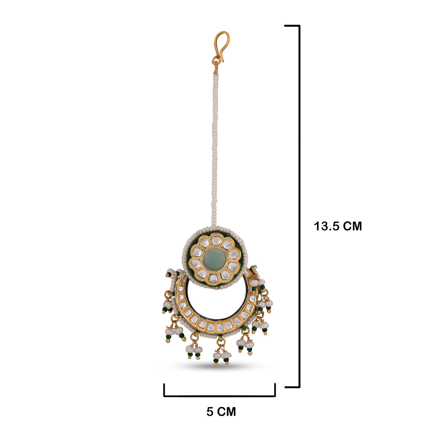 reen Centred Kundan Beaded Maang Tikka with measurements in cm. 13.5cm by 5cm.