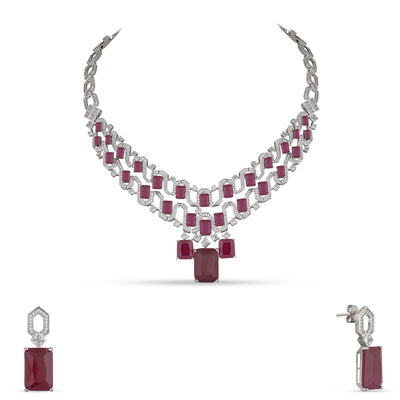  CZ American Diamond Ruby Stone Necklace Set