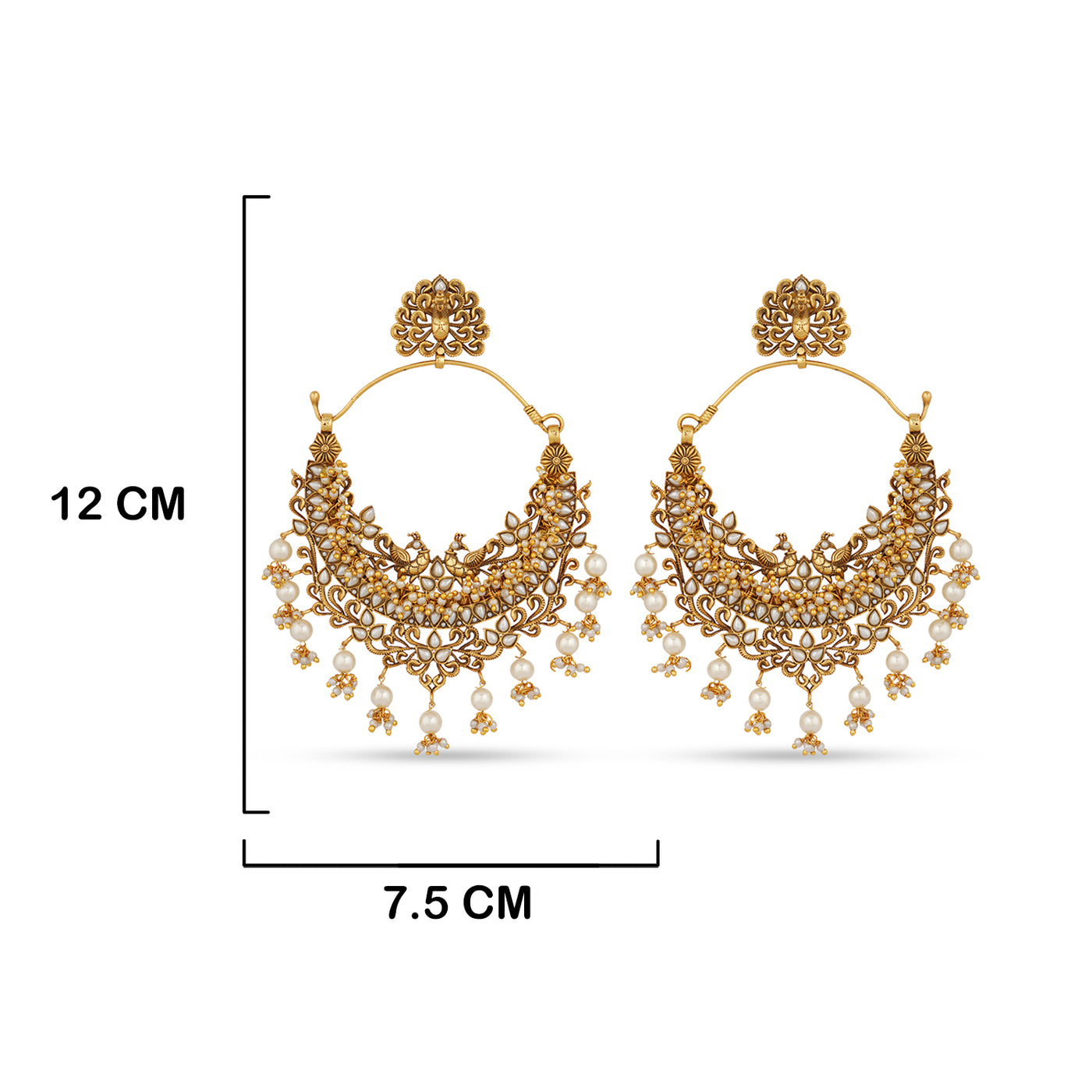 Pearled Kundan Chanbaali Earrings with measurements in cm. 12cm by 7.5cm.