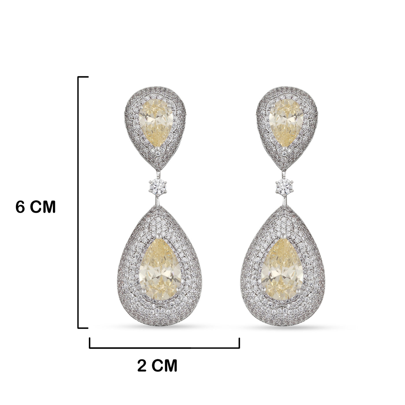 Yellow Stoned CZ Earrings with measurements in cm. 6cm by 2cm.