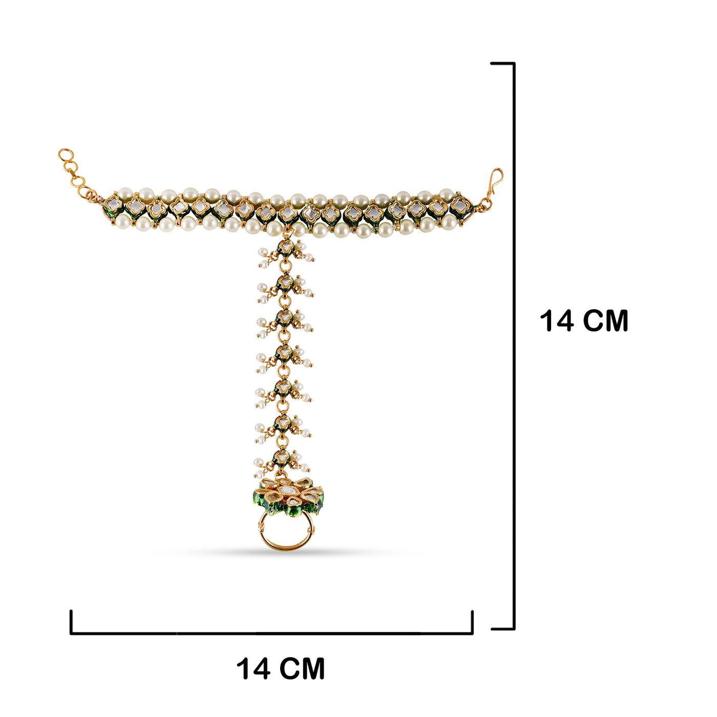 Kundan and Pearl Haathphool with measurements in cm. 14cm by 14cm.