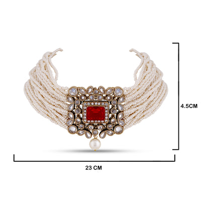 Red Centred Kundan Choker with measurements in cm. 4.5cm by 23cm. 