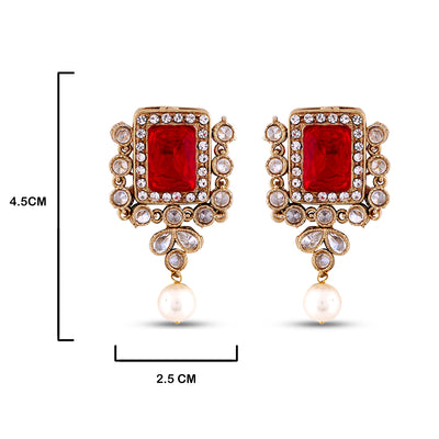 Red Stone Centred Kundan pearl Earrings with measurements