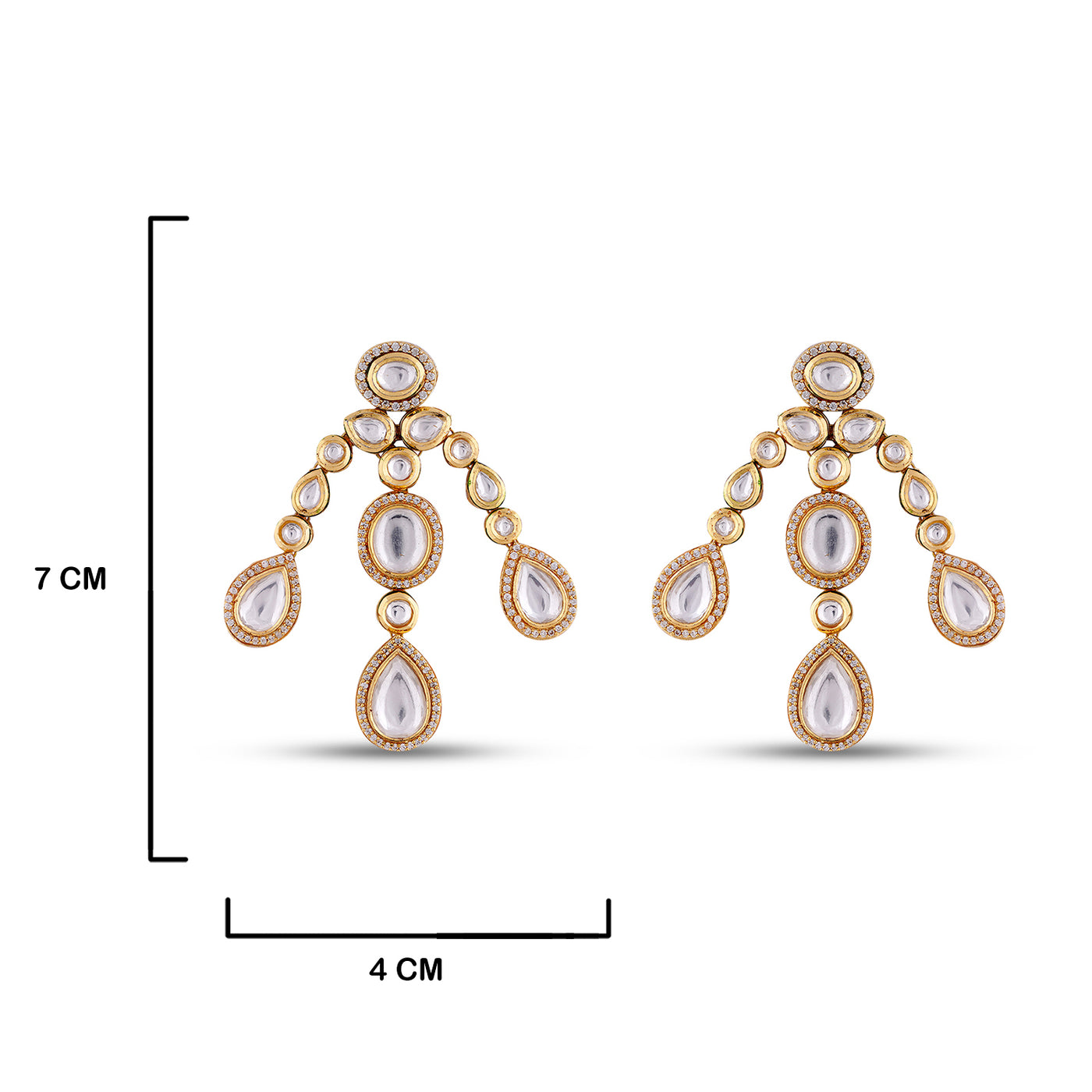 Polki Studded Kundan Earrings with measurements in cm. 7cm by 4cm.