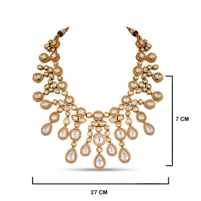 Polki Studded Kundan Necklace Set with measurements in cm. 27cm by 7cm.