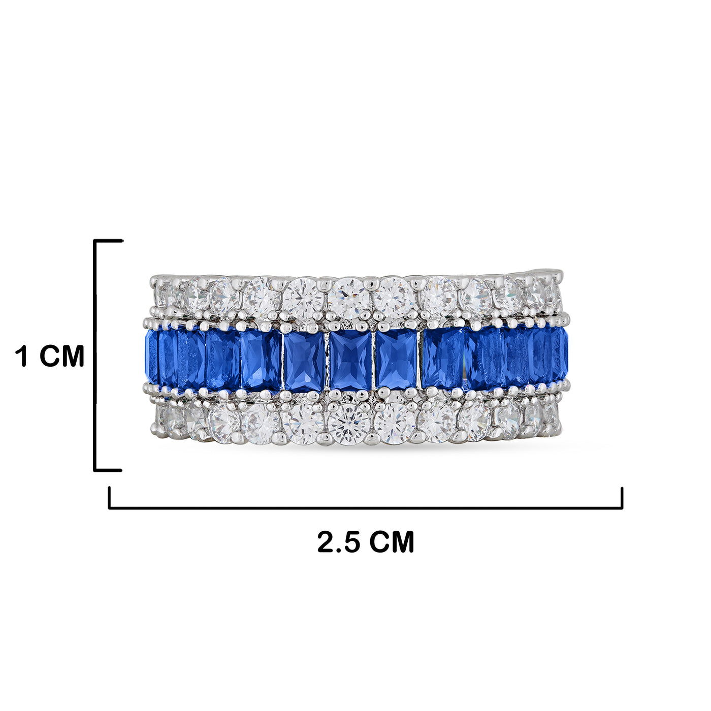 Blue Stone Cubic Zirconia Ring with measurements in cm. 1cm by 2.5cm.