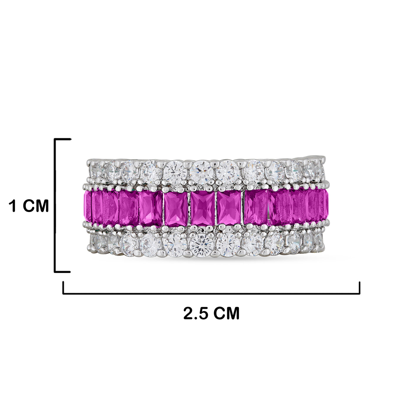 Magenta Cubic Zirconia Ring with measurements in cm. 1cm by 2.5cm.