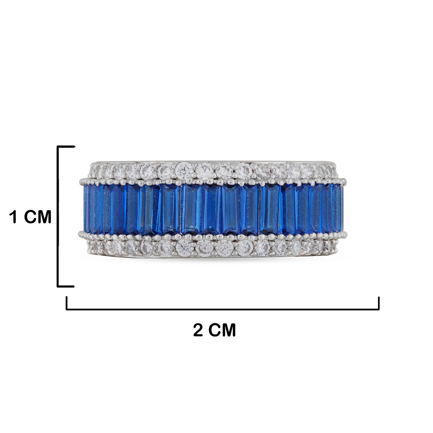 Cubic Zirconia Studded Blue Ring with measurements in cm. 1cm by 2cm.