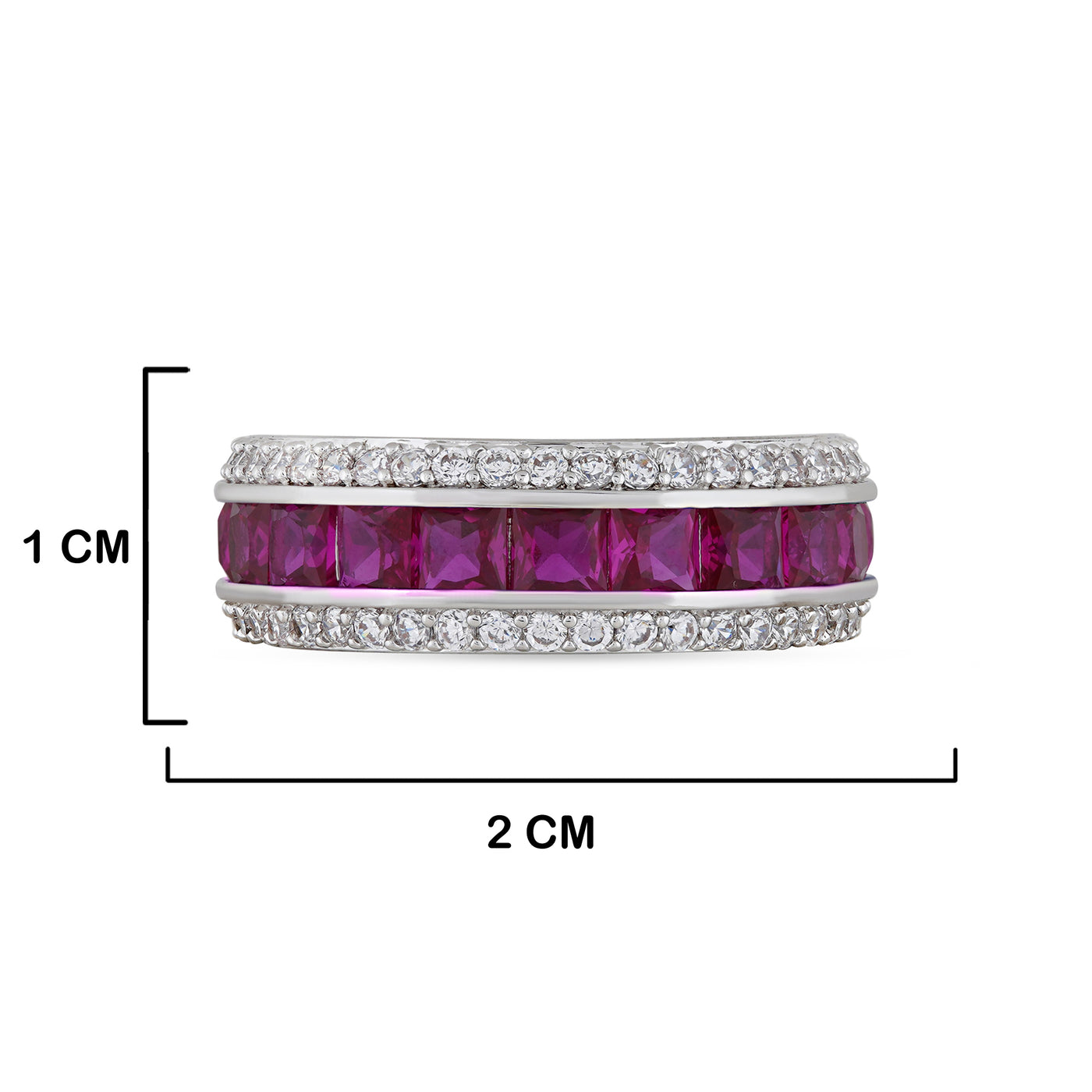 Magenta Stone Cubic Zirconia Ring with measurements in cm. 1cm by 2cm.