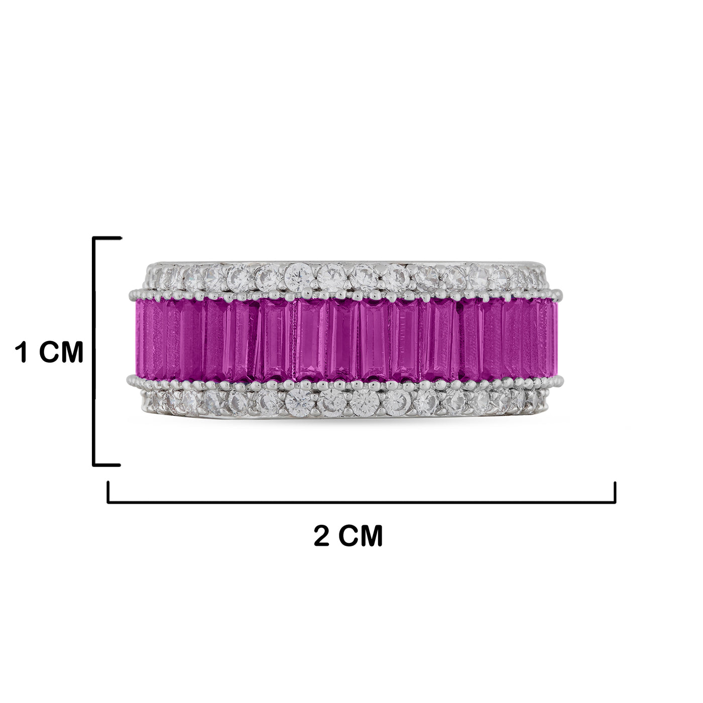 Cubic Zirconia Studded Magenta Ring with measurements in cm. 1cm by 2cm.
