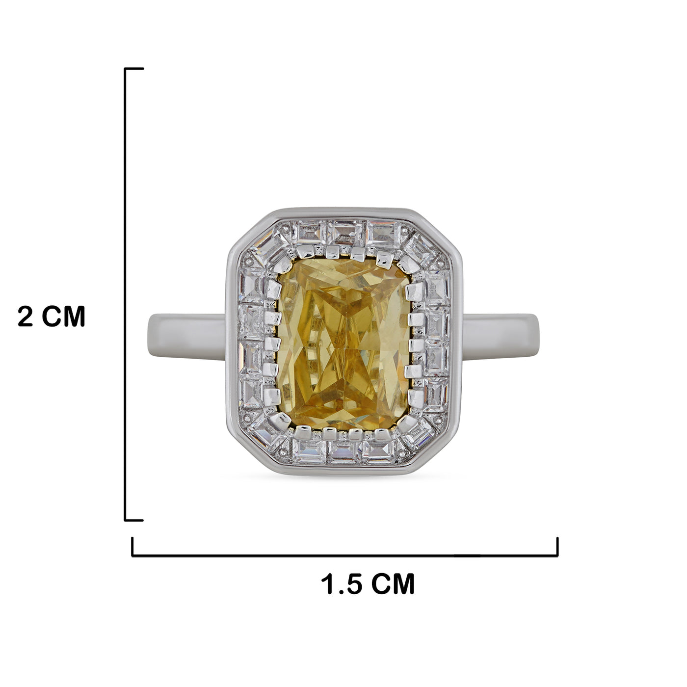 Cubic Zirconia Yellow Stone Ring with measurements in cm. 2cm by 1.5cm.