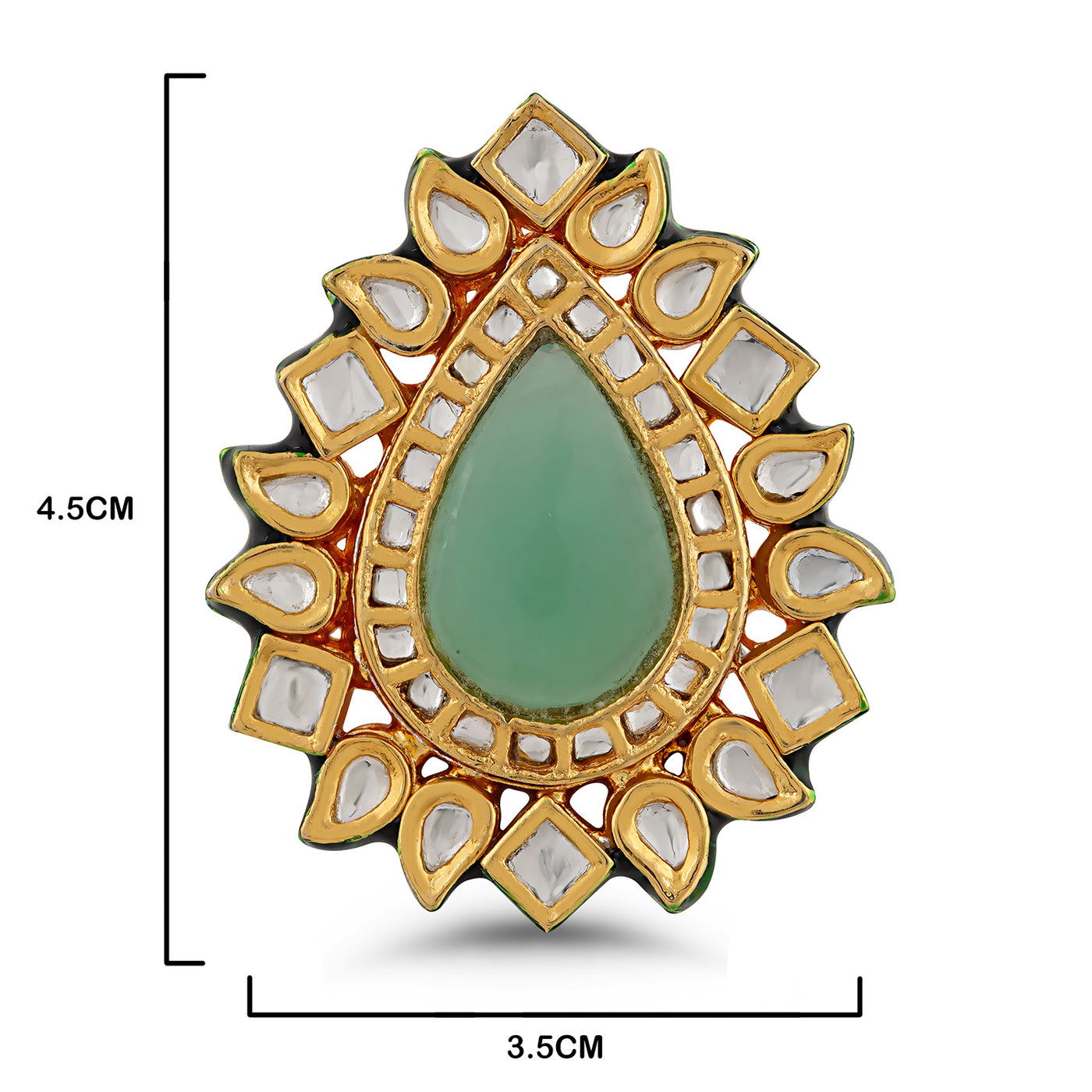 Green Centred Kundan Meenakari Ring with measurements in cm. 4.5cm by 3.5cm.