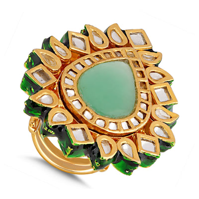 Green Centred Kundan Meenakari Ring