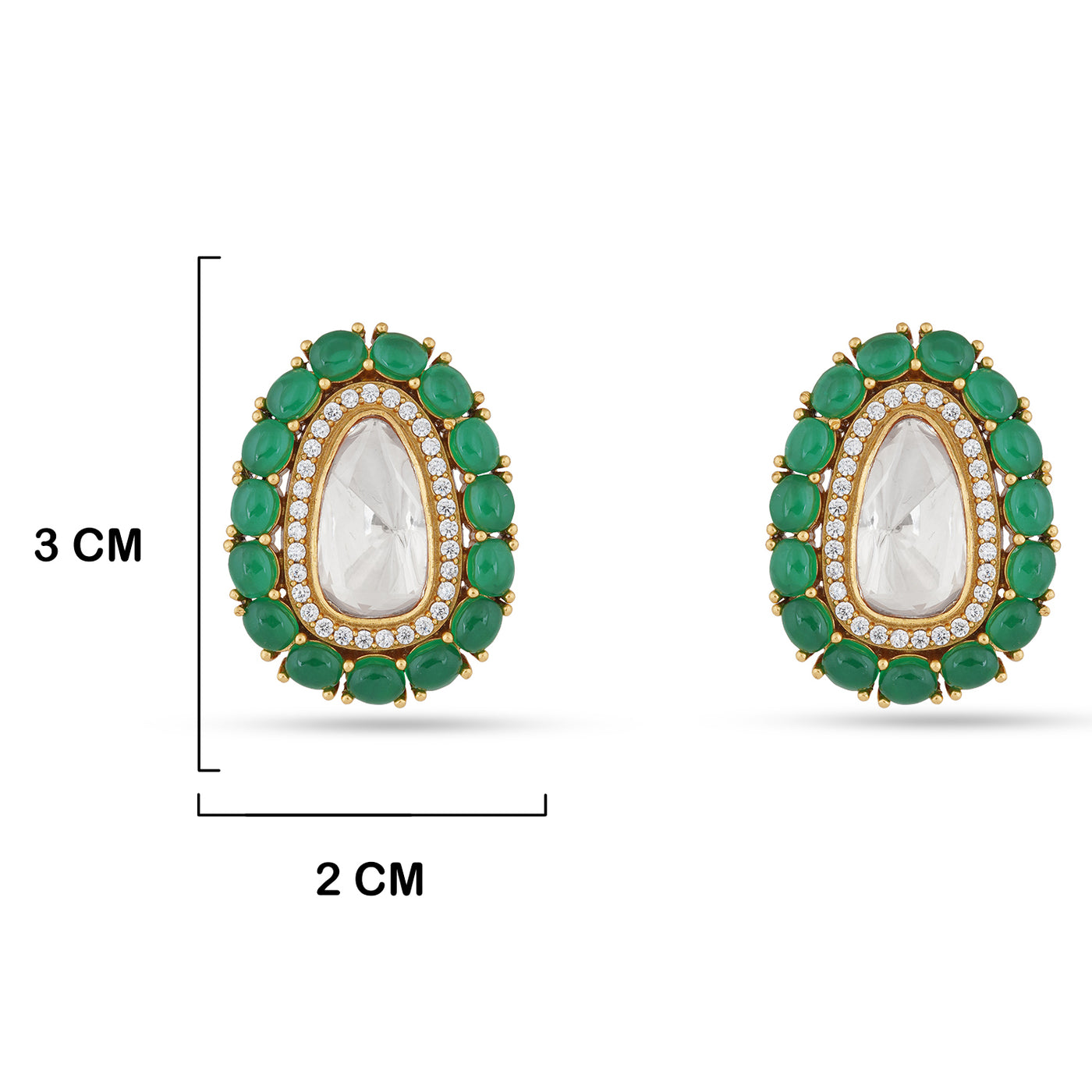 Green Stoned Polki Centre Earrings with measurements in cm. 3cm by 3cm.