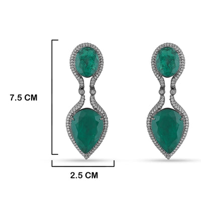 Emerald Green Stone Dark CZ Earrings with measurements in cm. 7.5cm by 2.5cm.