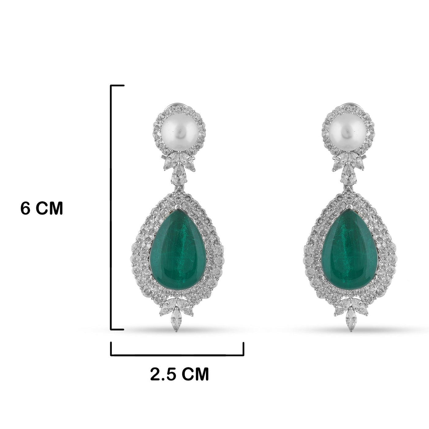 Cubic Zirconia Emerald Green Dangle Earrings with measurements in cm. 6cm by 2.5cm.