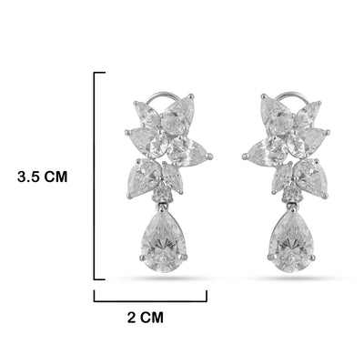 Cubic Zirconia Diamond Dangle Earrings with measurements in cm. 3.5cm by 2cm.