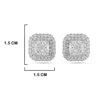 CZ Square Diamond Stud Earrings with measurements in cm. 1.5cm by 1.5cm.