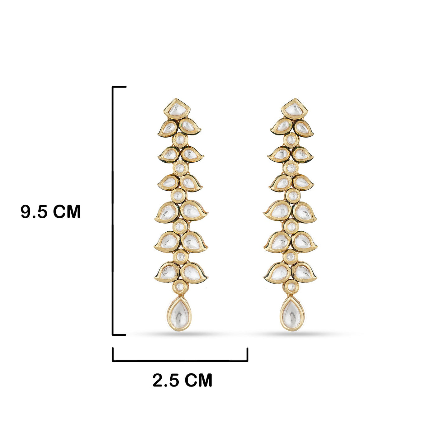  Kundan Long Earrings with measurements in cm. 9.5cm by 2.5cm.