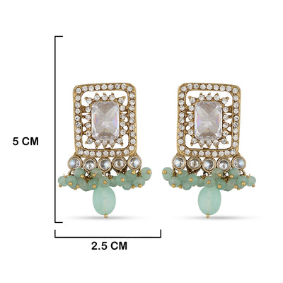 Mint Green Kundan Earrings with measurements in cm. 5cm by 2.5cm.