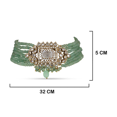 Mint Green Kundan Choker with measurements in cm. 32cm by 5cm.