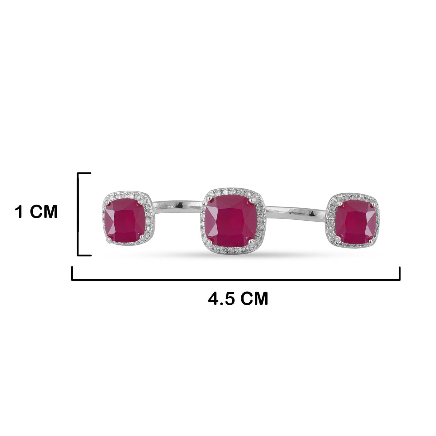 Ruby Red Cubic Zirconia Ring with measurements in cm. 1cm by 4.5cm.