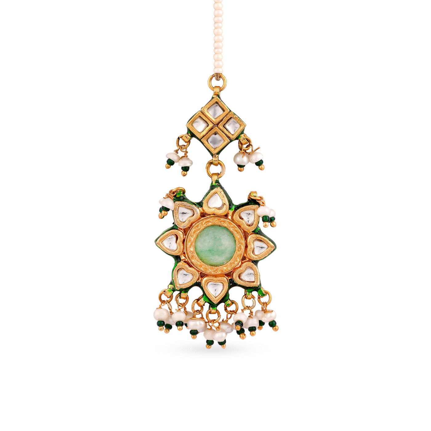 This gorgeous gold plated silver mix base maang tikka with flourite center stone and real pearls is pure elegance. 
