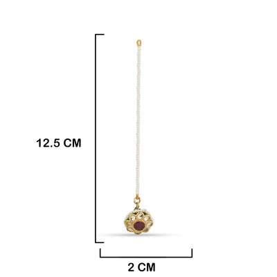 Red Centred Pearled Maang Tikka with measurements in cm. 12.5cm by 2cm.