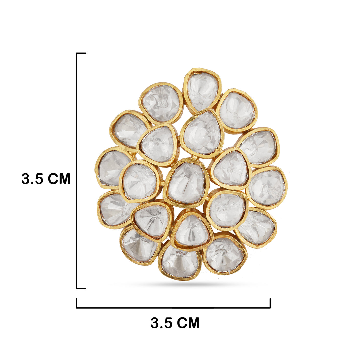 Kundan Studded Ring with measurements in cm. 3.5cm by 3.5cm.