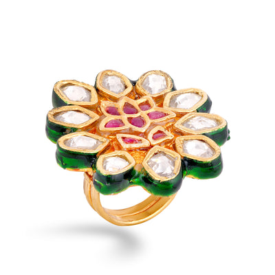 Red and Green Lotus Kundan Ring 