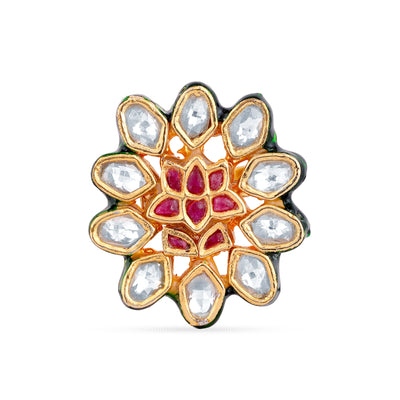 Red and Green Lotus Kundan Ring Front View