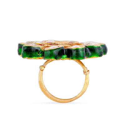 Red and Green Lotus Kundan Ring Side View