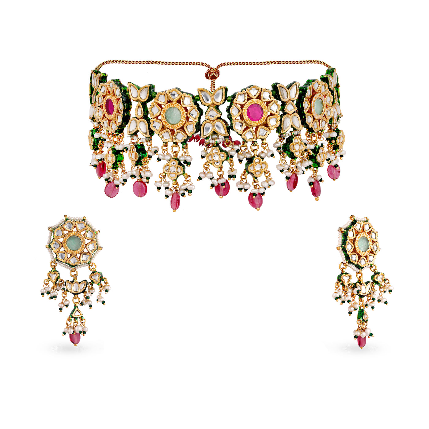 Green and Red Kundan Pearl Necklace Set