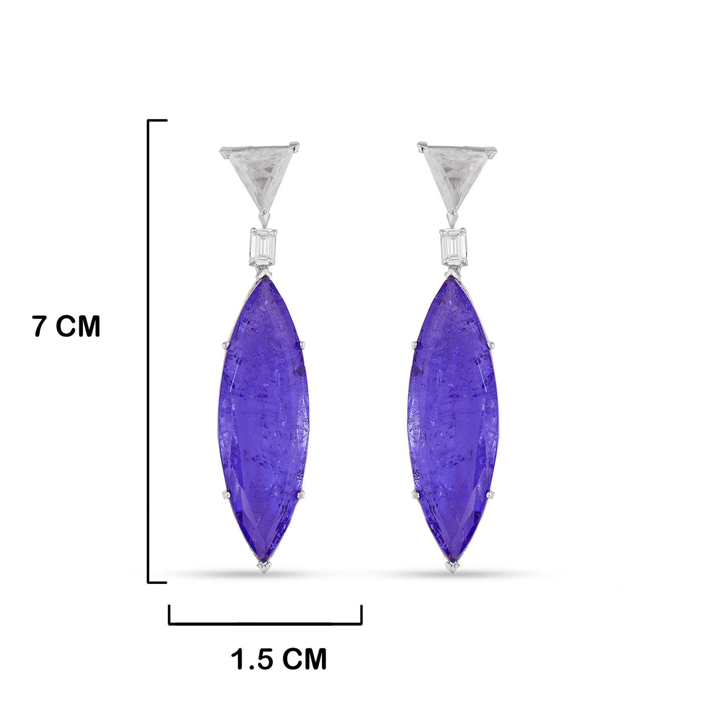Purple Cubic Zirconia Earrings with measurements in cm. 7cm  by 1.5cm.