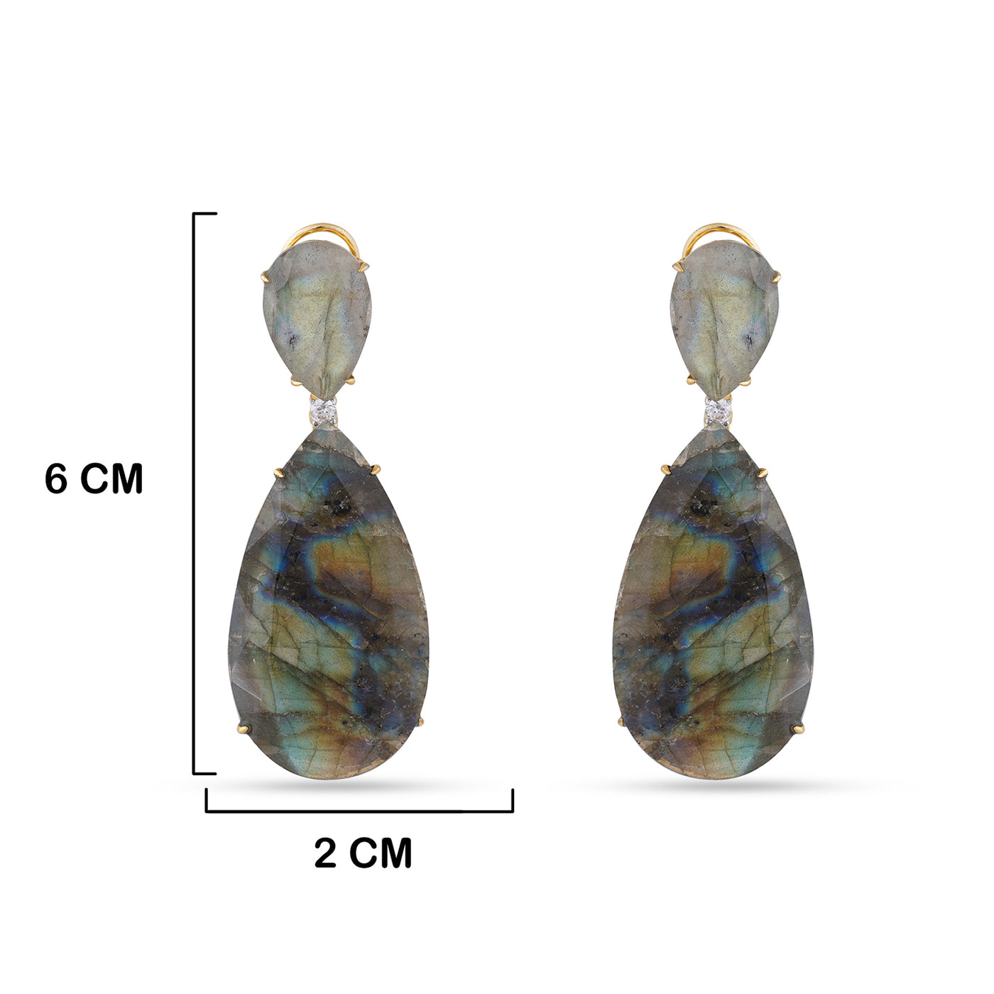 Labradorite Stoned Dangle Earrings with measurements in cm. 6cm by 2cm.