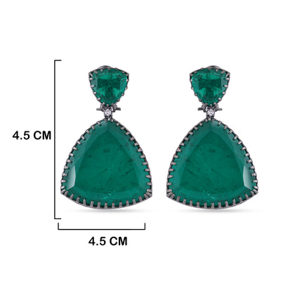 Green Stone Black CZ Earrings with measurements in cm. 4.5cm by 4.5cm.