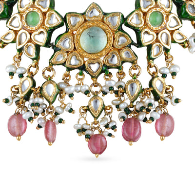 Rose and Fluorite Green Kundan Necklace