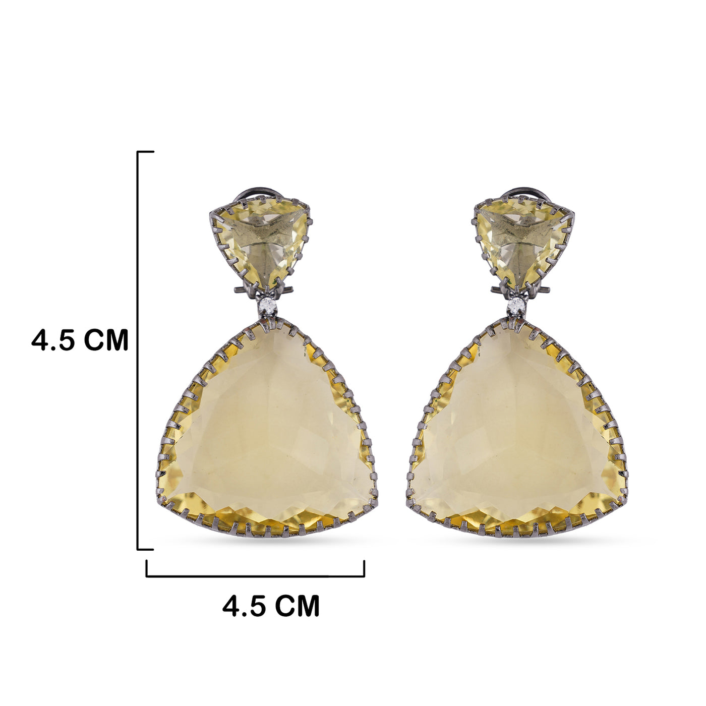 Yellow Glass Dangle Earrings with measurements in cm. 4.5cm by 4.5cm.