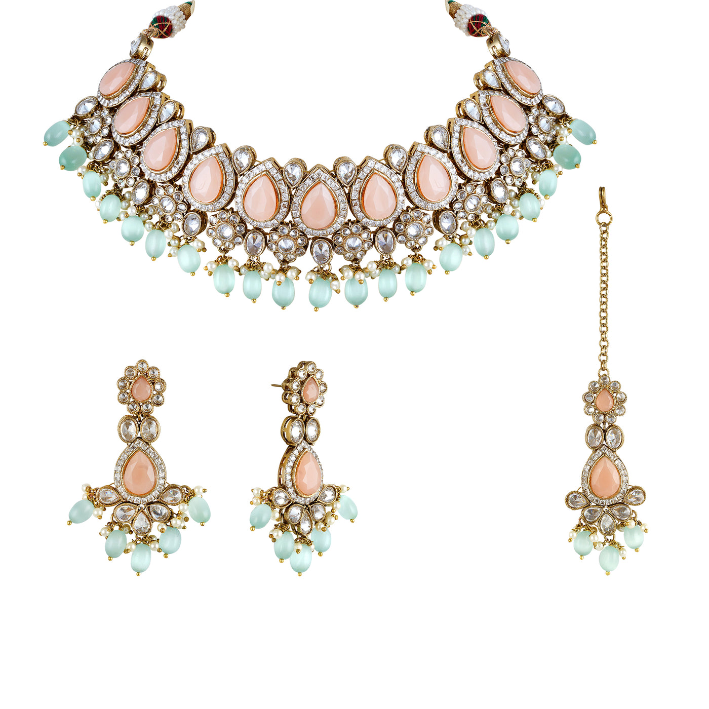 Polki Crystal choker necklace set with pink center and blue drops