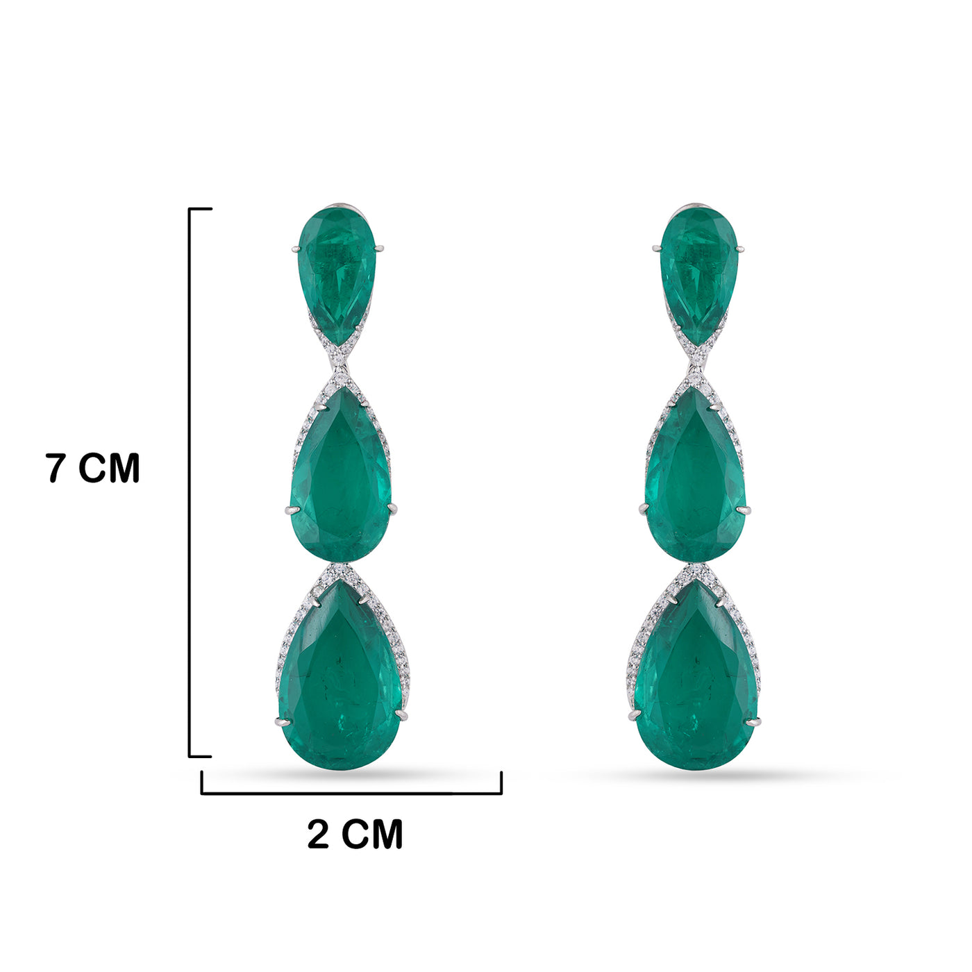 Green Drop CZ Dangle Earrings with measurements in cm. 7cm by 2cm.