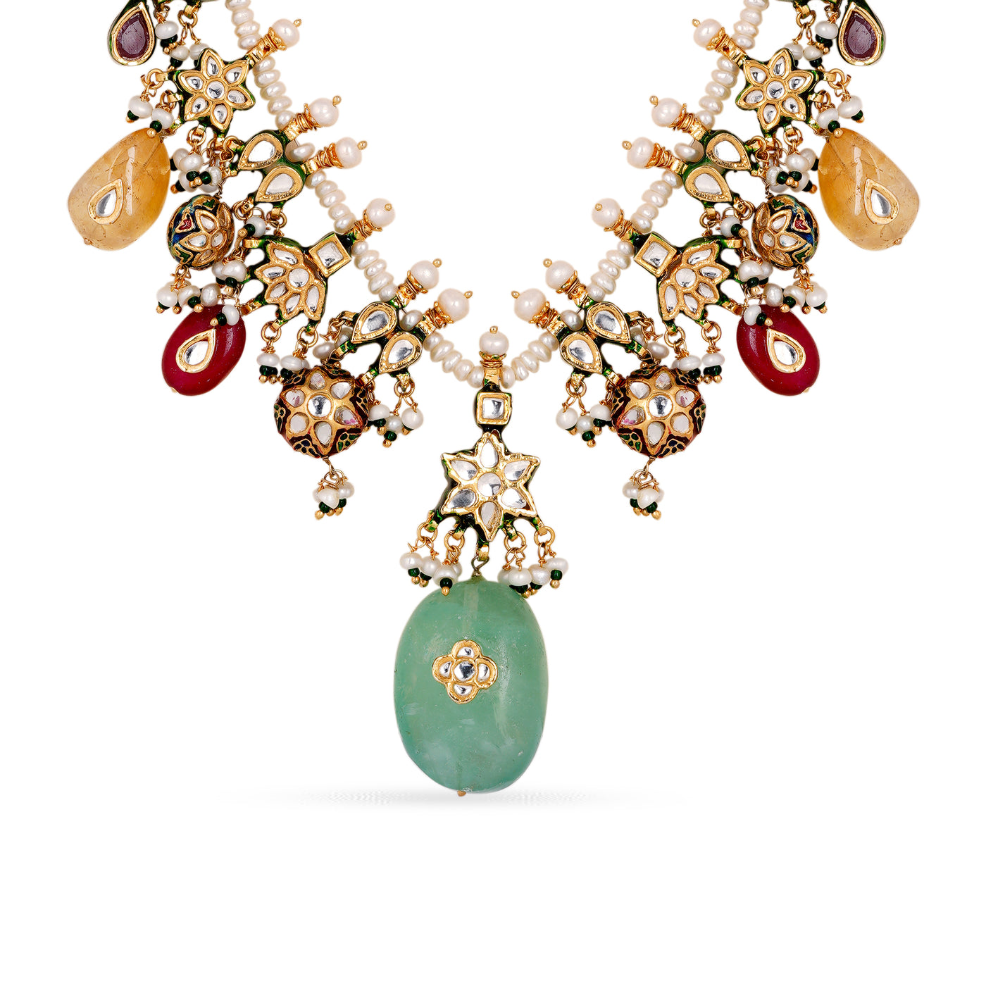Gold plated silver mix base metal kundan necklace and earrings set with real pearls and Fluorite, Rose Quartz, Citrine, Amethyst and Baroque pearls . The set has hand-painted meenakari work at the back of the set.